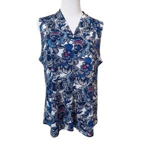 LIZ CLAIBORNE CAREER Stretchy Sleeveless Blouse‎ Top L Floral Blue Pink Travel